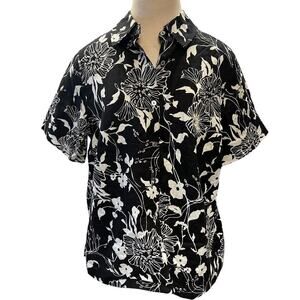 Kate Hill Woman 100% Linen Tropical Button Up Shirt Size 1X Black White Hawaiian